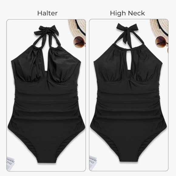 Aqua Eve Halter Keyhole Ruched Tummy Control One-Piece Swimsuit Plus Size 22W - Picture 2 of 16